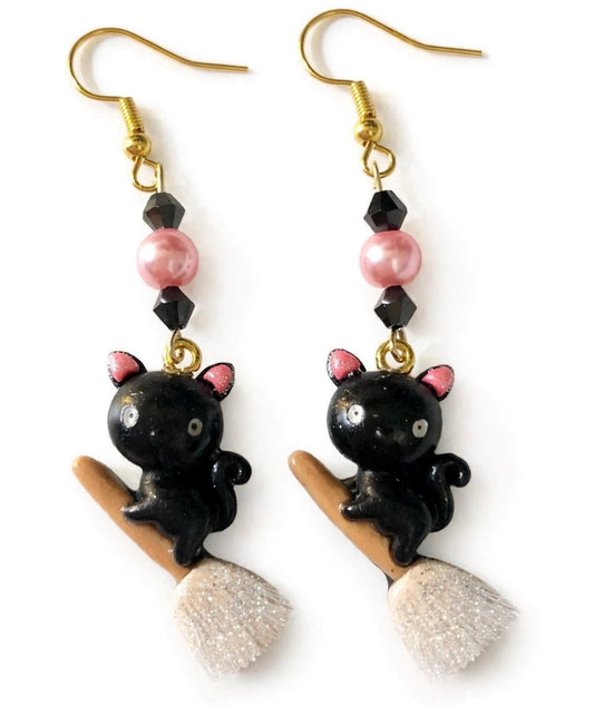 Black Cat Broomstick Halloween themed Clay & Resin Earrings - Festive Cute Dangle Jewelry