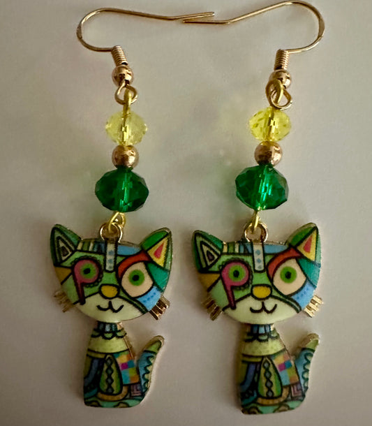 Green Colorful Cat Enamel Charm Earrings - Abstract Dangle Jewelry