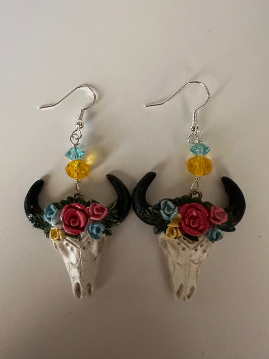 Floral Cow Skull Clay & Resin Earrings - Rustic Dangle Jewelry