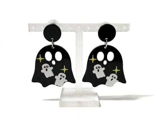 Black Sparkly Ghost Acrylic Earrings - Cute Halloween Stud Jewelry