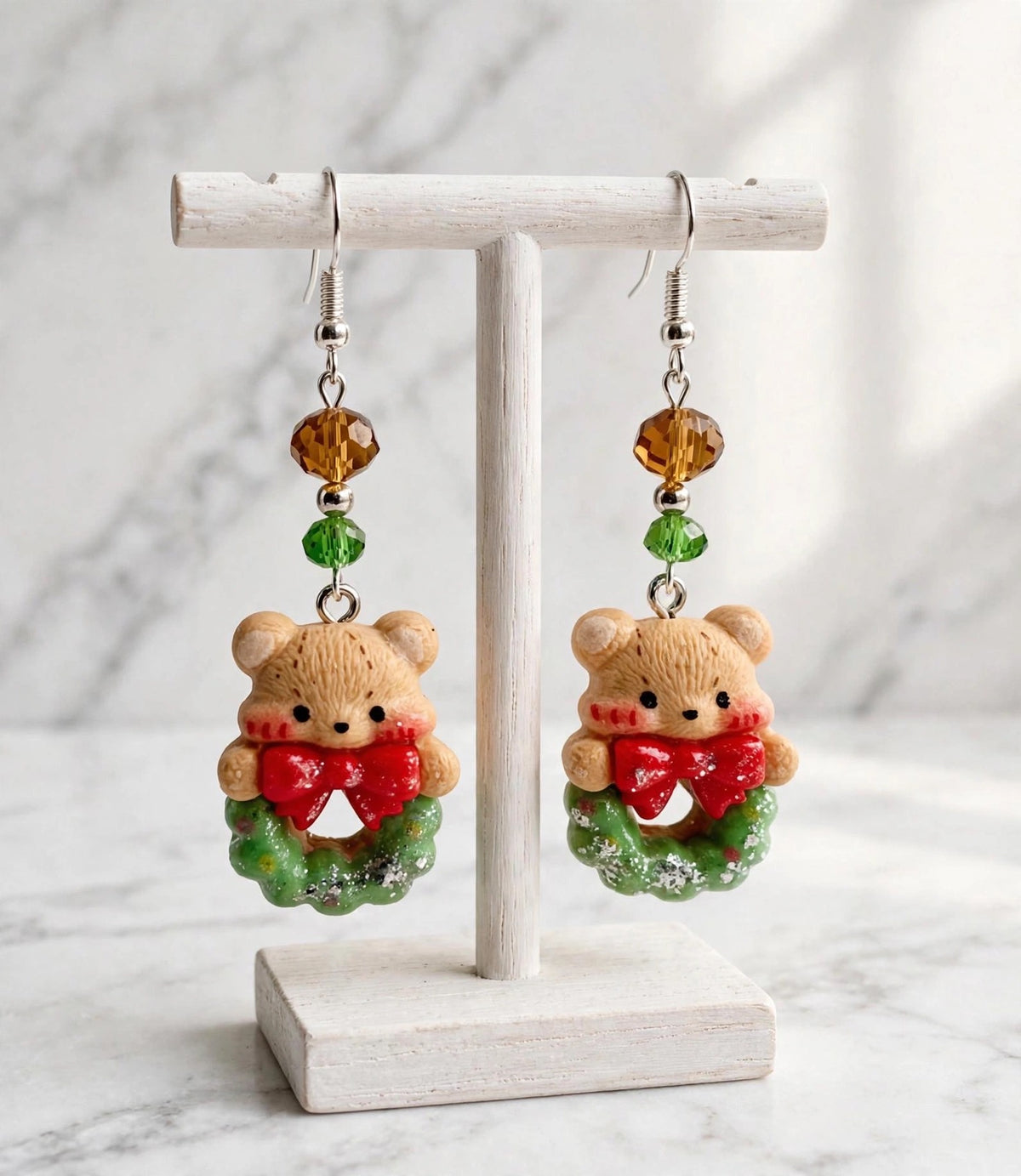Christmas Bear Wreath Dangle Clay Resin Earrings - Festive Handmade Holiday Jewelry