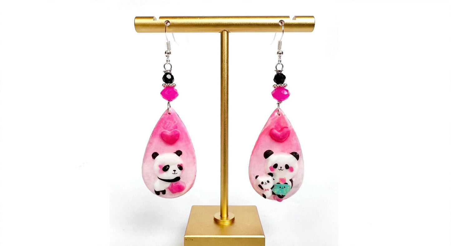 Handmade Panda Clay Resin Teardrop Earrings - Adorable Pink Heart and Leaf Design