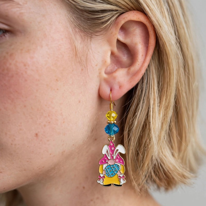 Easter Bunny Gnome Enamel Earrings - Springtime Dangle Jewelry