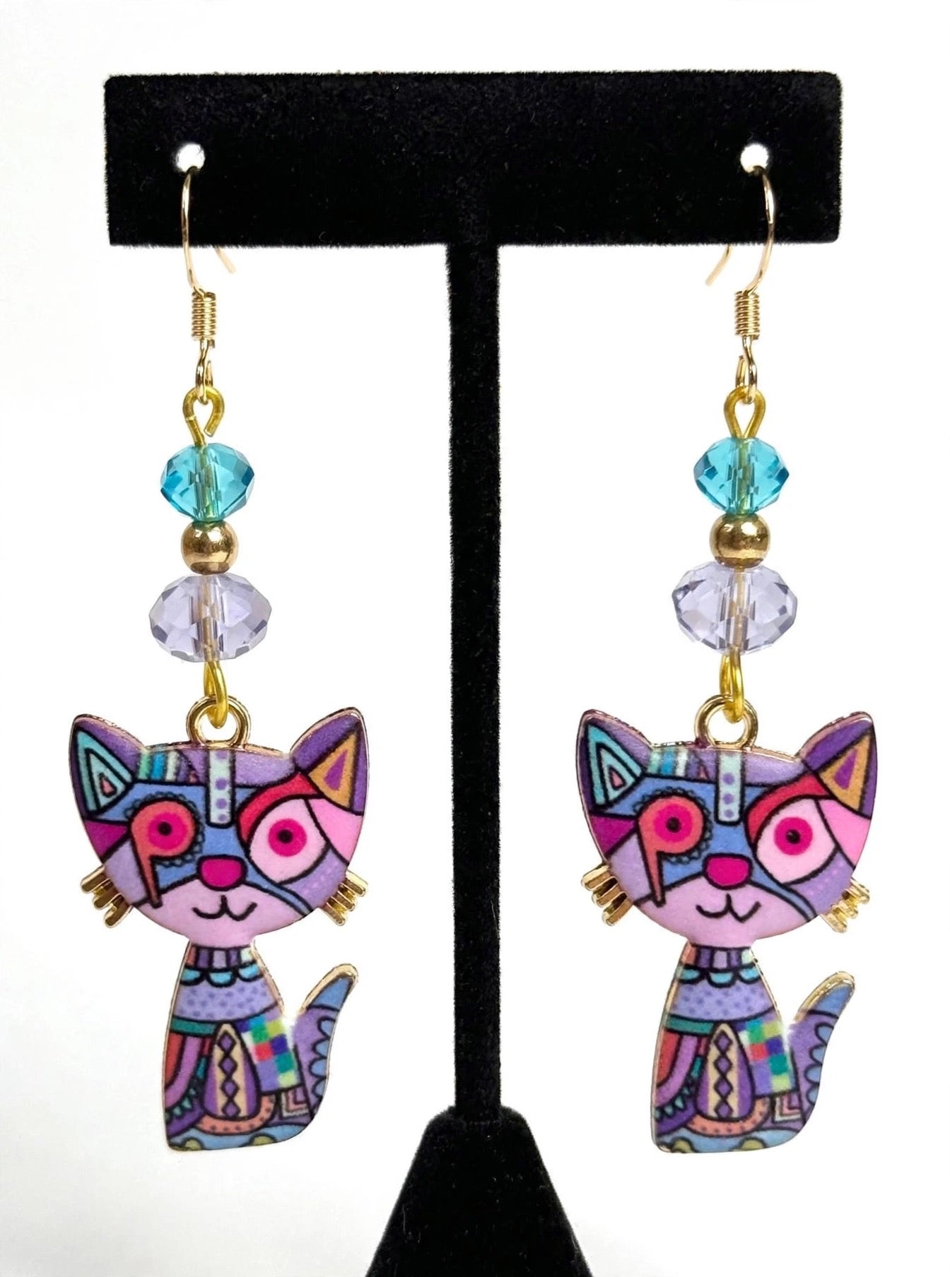 Purple Colorful Cat Enamel Charm Earrings - Abstract Dangle Jewelry