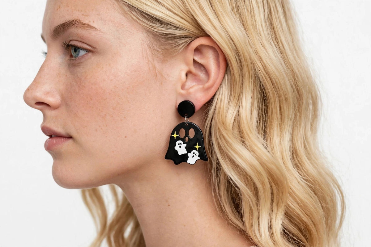 Black Sparkly Ghost Acrylic Earrings - Cute Halloween Stud Jewelry