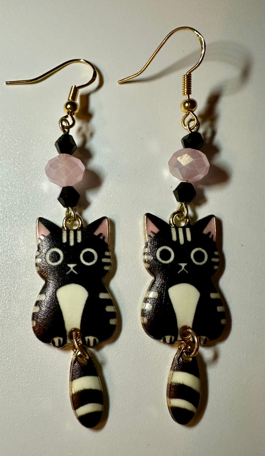 Swinging Cutie Kitty - Wide-eyed Black Cat Enamel Earrings - Dangle Jewelry
