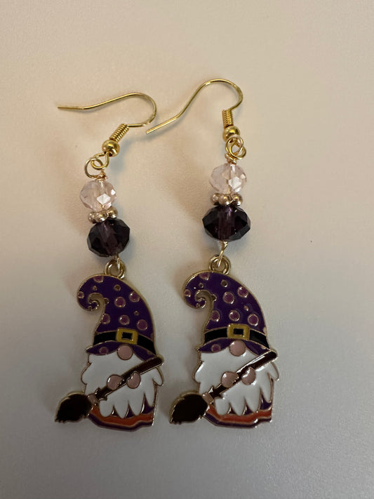 Halloween-Themed Gnome Broom Enamel Earrings - Whimsical Autumn Dangle Jewelry