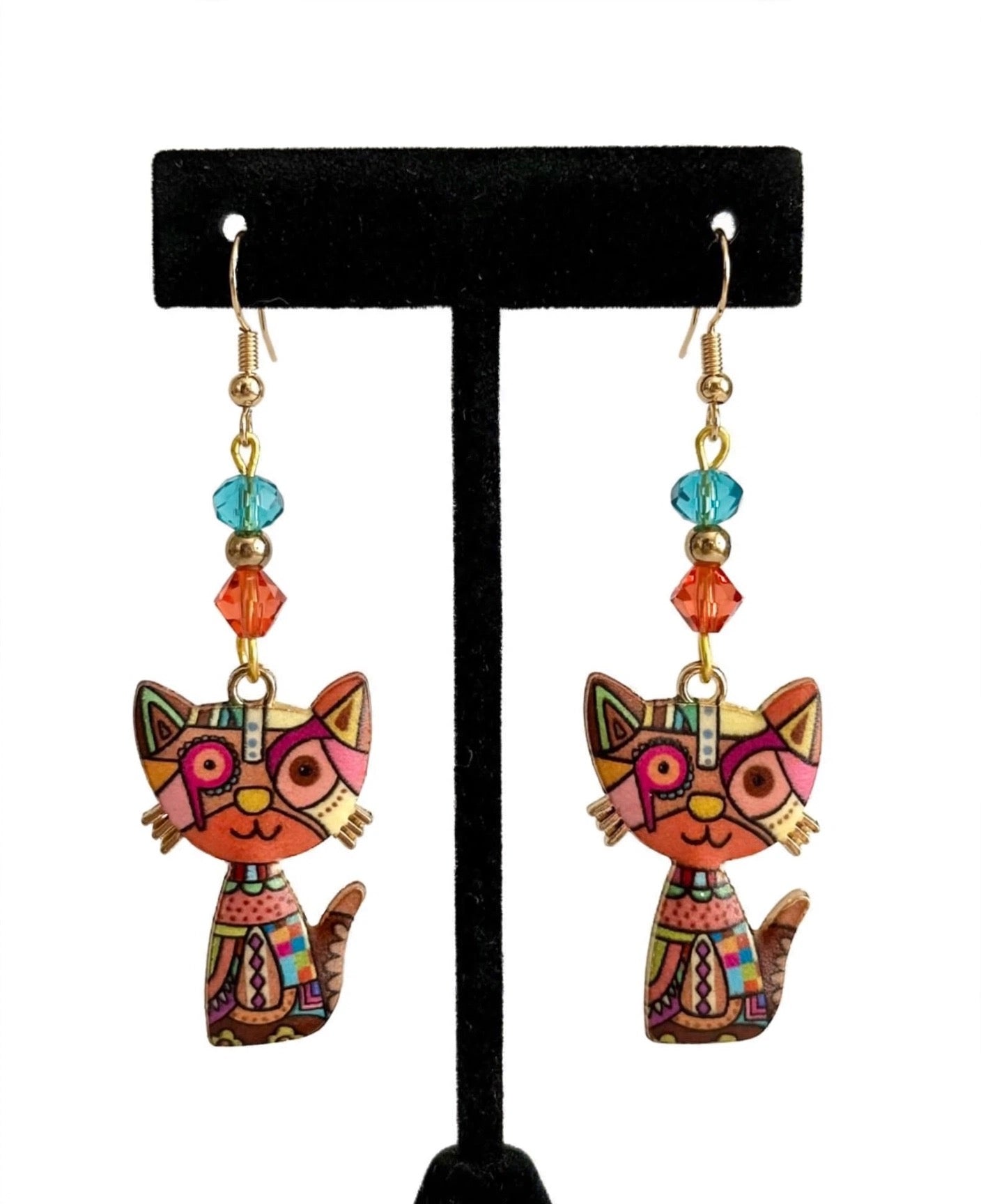 Orange Colorful Cat Enamel Charm Earrings - Abstract Dangle Jewelry