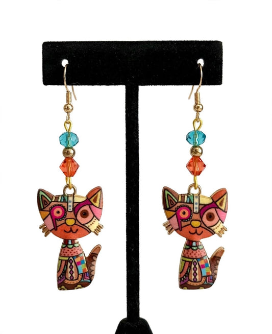 Orange Colorful Cat Enamel Charm Earrings - Abstract Dangle Jewelry