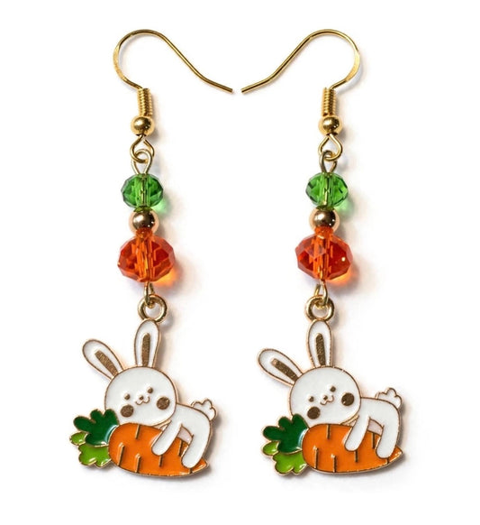 Carrot Cuddle Bunny Enamel Earrings - Cute Dangle Jewelry