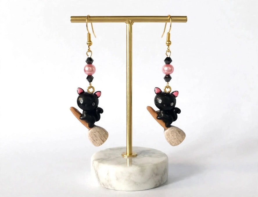 Black Cat Broomstick Halloween themed Clay & Resin Earrings - Festive Cute Dangle Jewelry