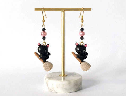 Black Cat Broomstick Halloween themed Clay & Resin Earrings - Festive Cute Dangle Jewelry