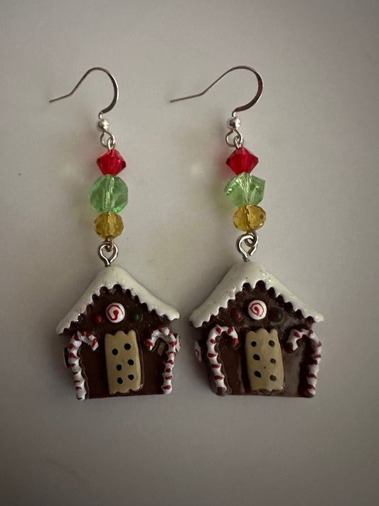 Gingerbread House Christmas Earrings - Holiday Clay & Resin Dangle Jewelry