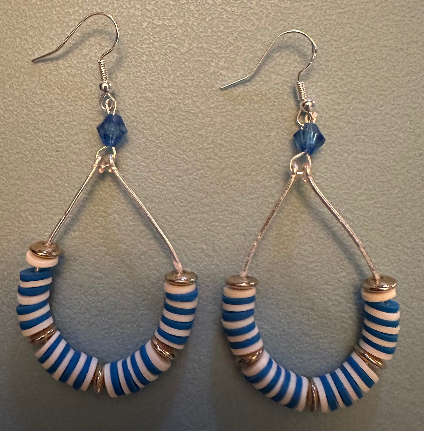 Blue & White Beaded Wire Metal Earrings - Fancy Teardrop Jewelry