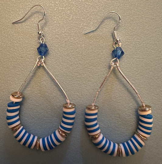 Blue & White Beaded Wire Metal Earrings - Fancy Teardrop Jewelry