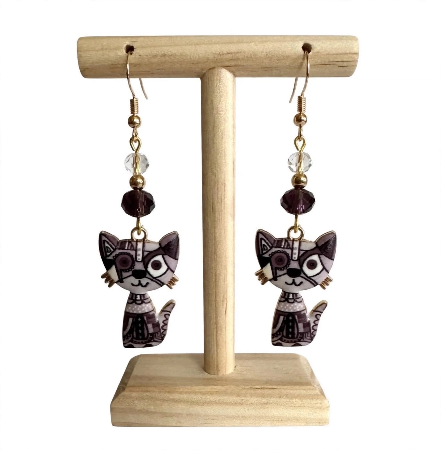Black Colorful Cat Enamel Charm Earrings - Abstract Dangle Jewelry