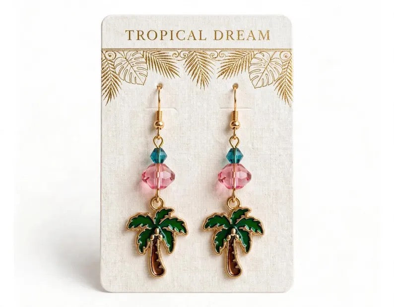 Tropical Dream Palm Tree Enamel Earrings - Summer Dangle Jewelry