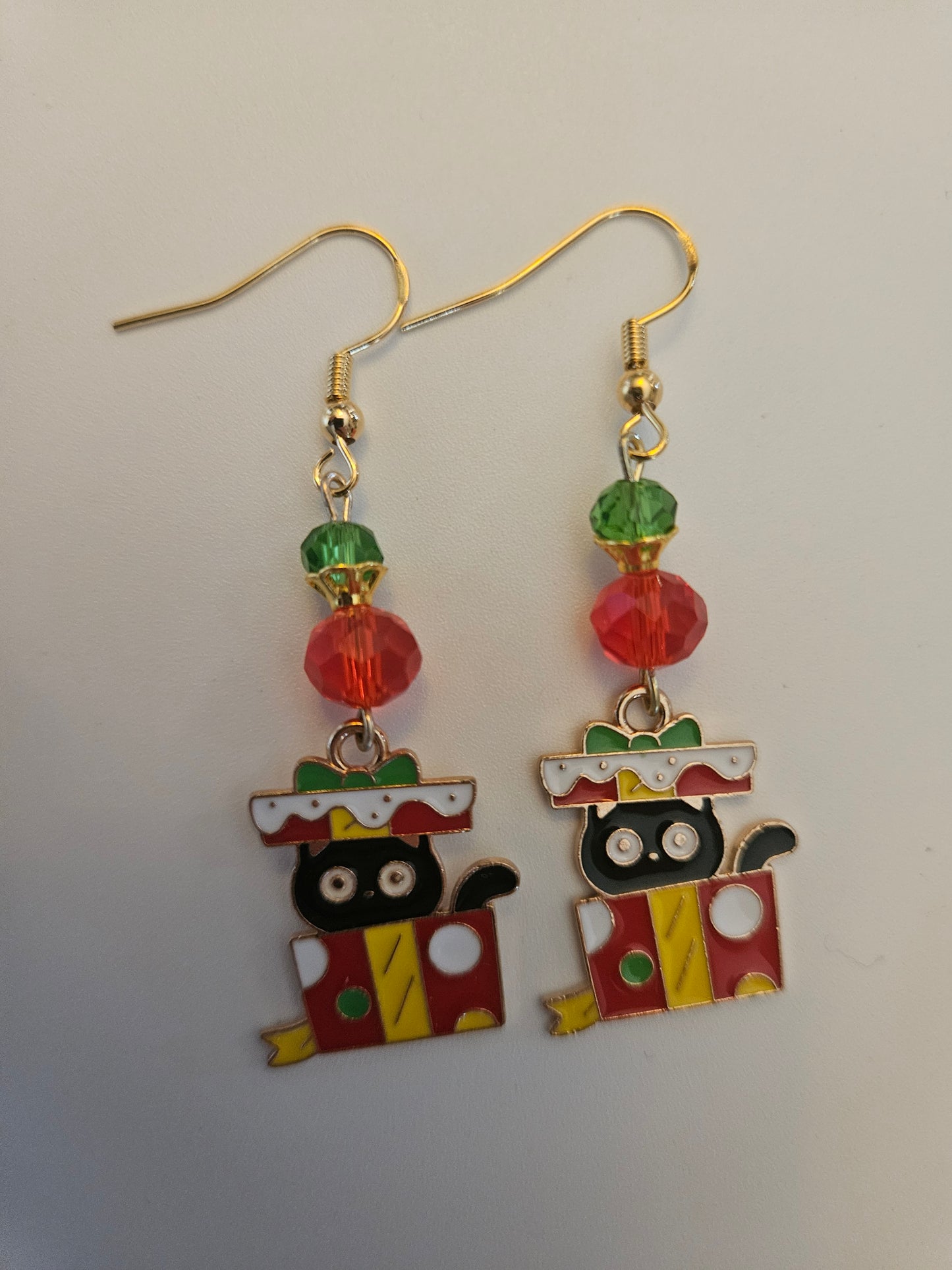 Christmas Cat Present Enamel Earrings - Colorful Cute Dangle Jewelry