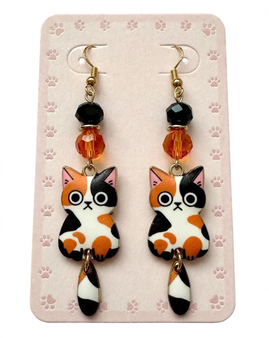 Swinging Cutie Kitty - Mischievous Calico Cat Enamel Earrings - Dangle Jewelry