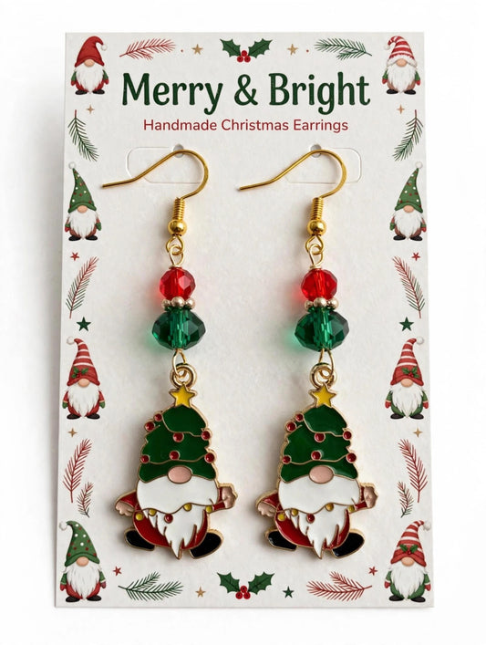 Christmas Themed Gnome Enamel Earrings - Festive Handmade Dangle Jewelry