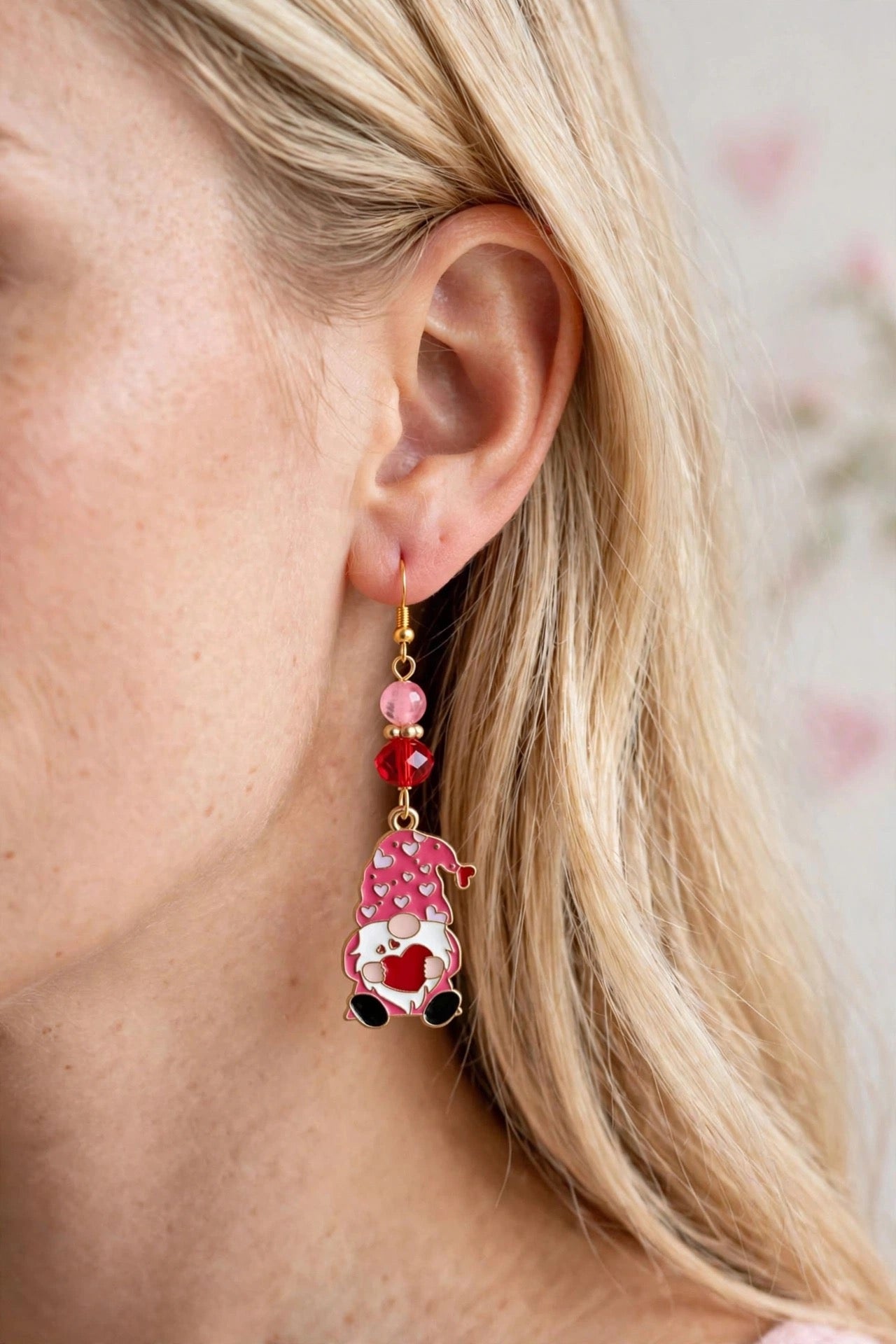 Valentine's Day Themed Gnome Enamel Earrings - Heart Warming Dangle Jewelry