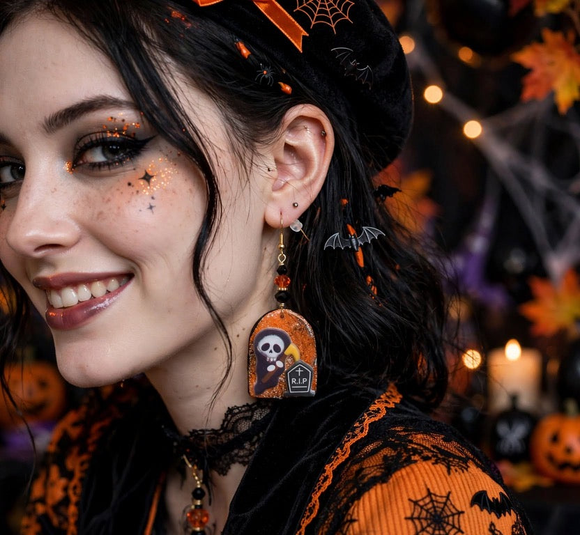 Dangle Clay Resin Crystal Halloween Grim Reaper Earrings