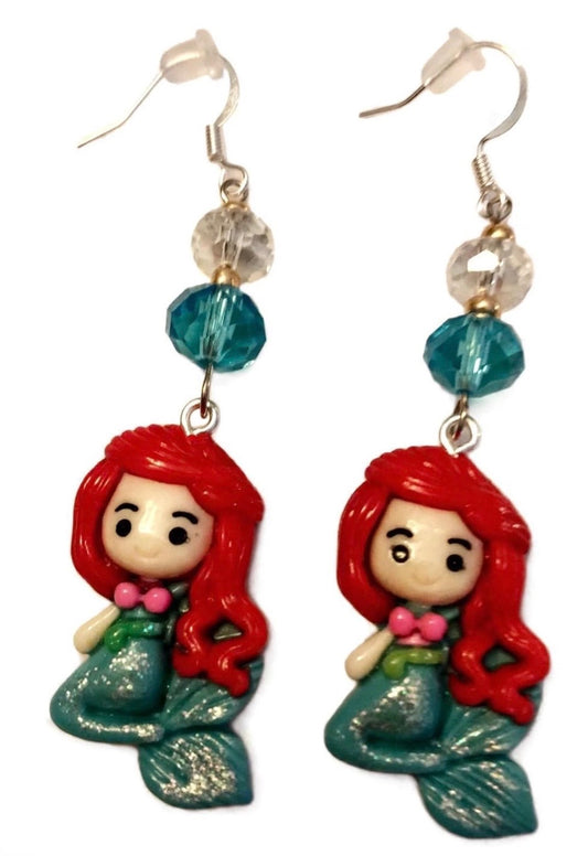 Red Haired Mermaid Clay & Resin Earrings - Kawaii Ocean Dangle Jewelry