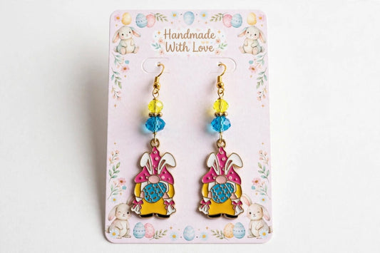 Easter Bunny Gnome Enamel Earrings - Springtime Dangle Jewelry