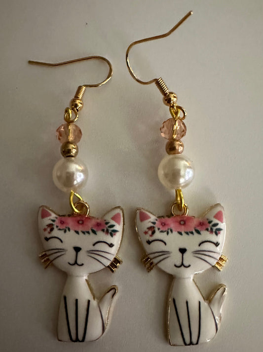 Whimsical Cute Cat Pearl Bead Enamel Earrings - Adorable Dangle Jewelry