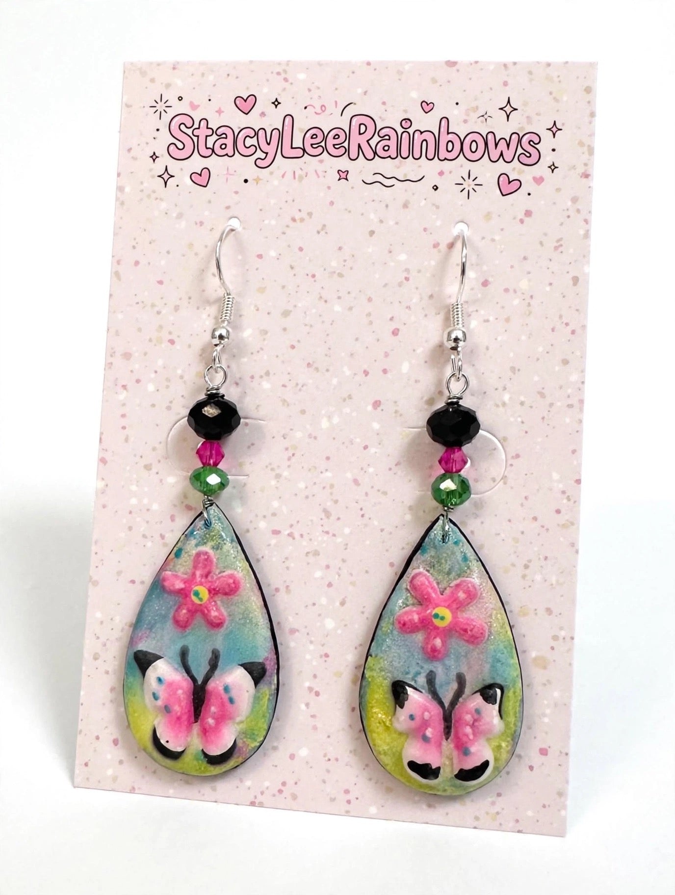 Butterfly Flower Teardrop Clay & Resin Earrings - Kawaii Dangle Jewelry