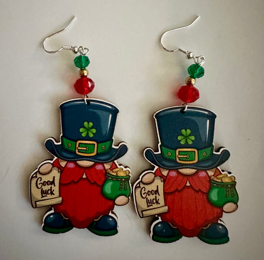 Leprechaun Saint Patrick's Day Pot of Gold Wood Earrings - Good Luck Dangle Jewelry