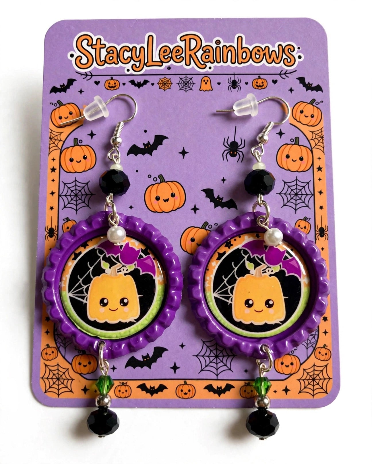 Halloween Cute Pumpkin & Bat Bottlecap Earrings - Adorable Dangle Jewelry