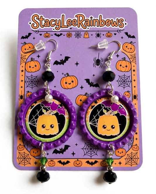 Halloween Cute Pumpkin & Bat Bottlecap Earrings - Adorable Dangle Jewelry
