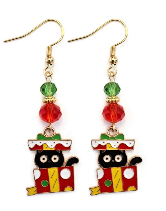 Christmas Cat Present Enamel Earrings - Colorful Cute Dangle Jewelry