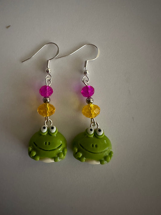 Grinning Happy Frog Clay & Resin Earrings - Sweet Cuties Dangle Jewelry