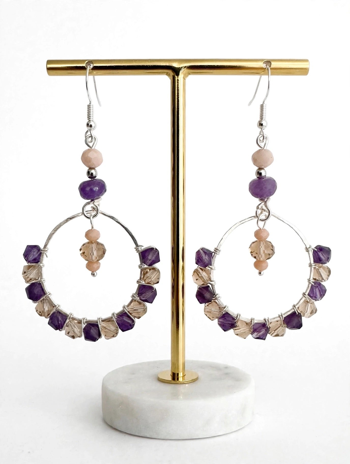 Wire Crystal Beads Purple Gemstone Hoop Earrings - Elegant Dangle Jewelry