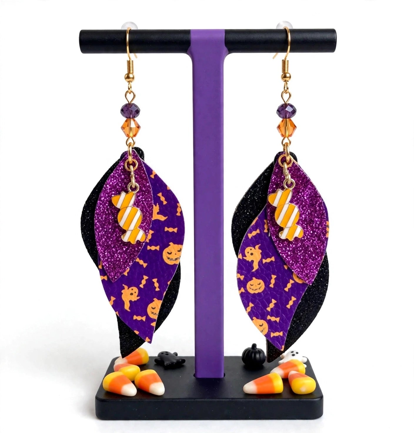 Halloween Candy Faux Leather Enamel Charm Earrings - Spooky Cute Dangle Jewelry