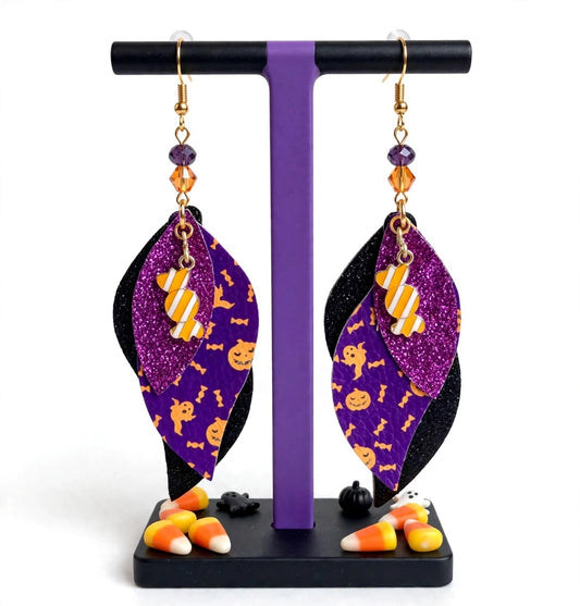 Halloween Candy Faux Leather Enamel Charm Earrings - Spooky Cute Dangle Jewelry