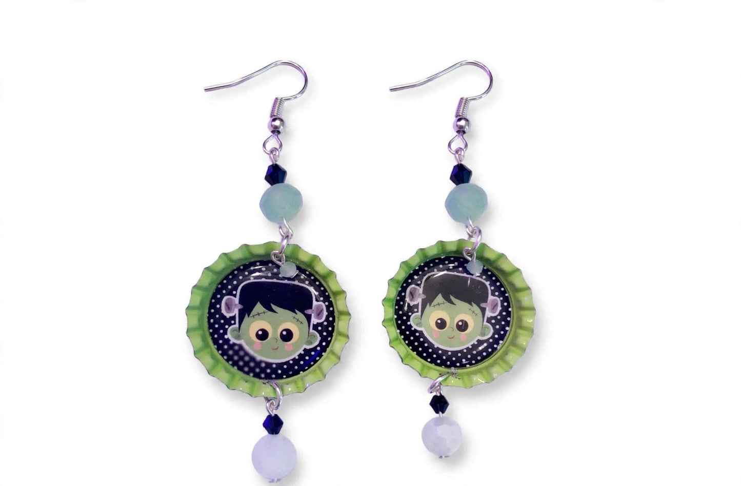 Super Kawaii Frankensteins Monster Bottlecap Earrings - Spooky Cute Dangle Jewelry