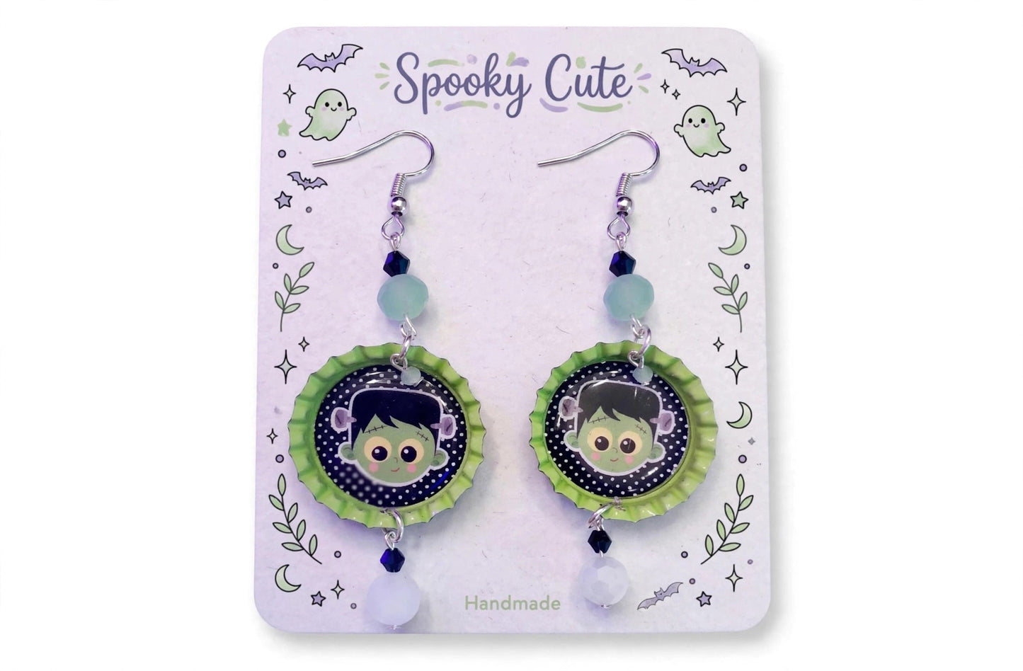Super Kawaii Frankensteins Monster Bottlecap Earrings - Spooky Cute Dangle Jewelry