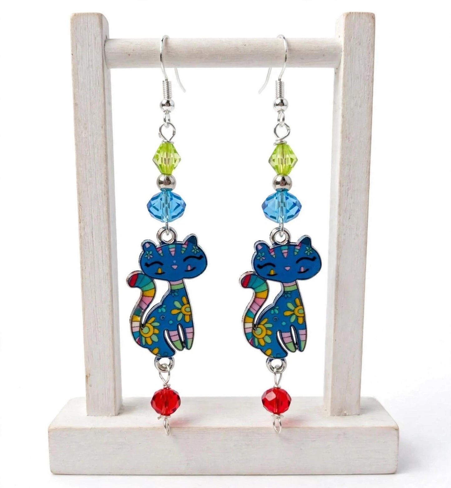 Blue Flower Cat Enamel Earrings - Kawaii Cat Lover Dangle Jewelry