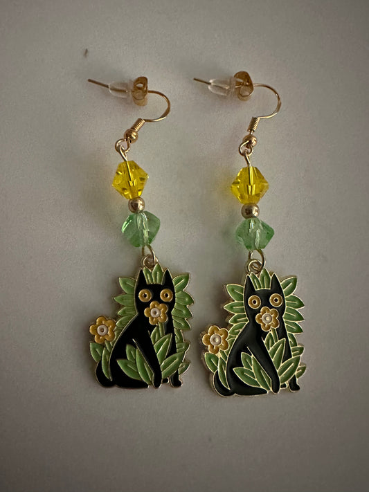 Flower Garden Black Cat Enamel Earrings - Whimsical Dangle Jewelry
