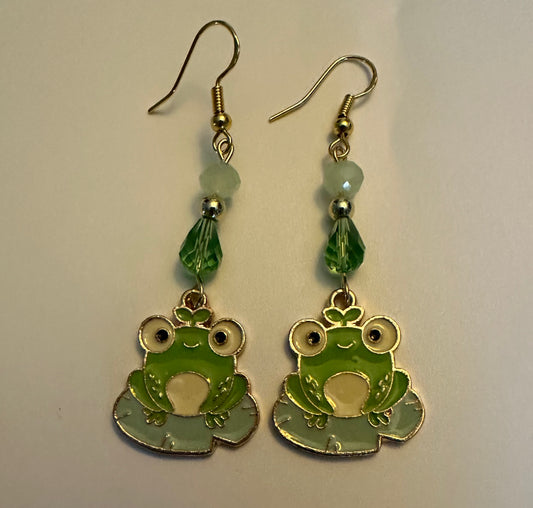 Happy Frog Lily Pad Enamel Earrings - Serene Dangle Jewelry
