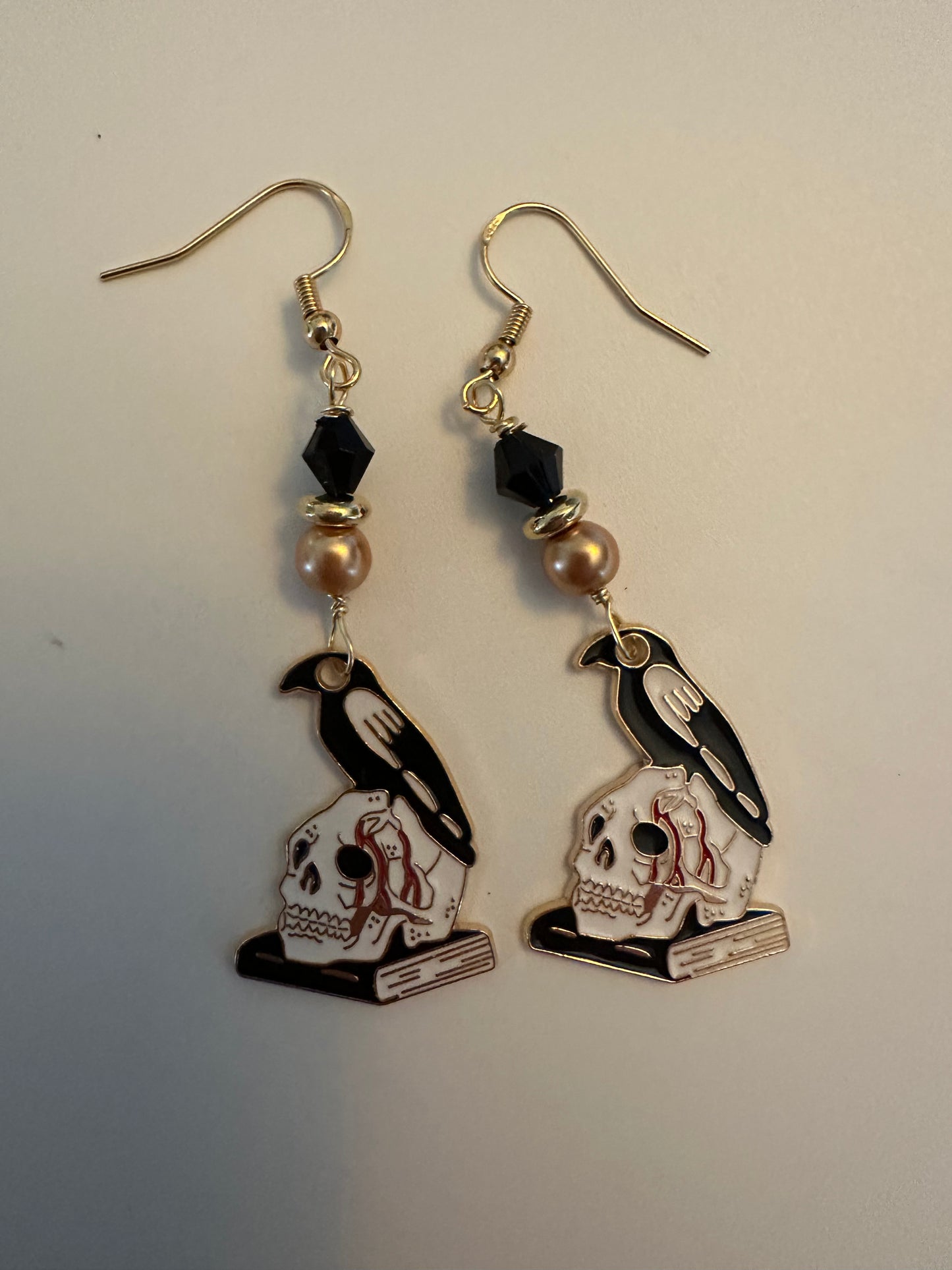 Raven Skull Enamel Earrings - Haunting Gothic Dangle Jewelry