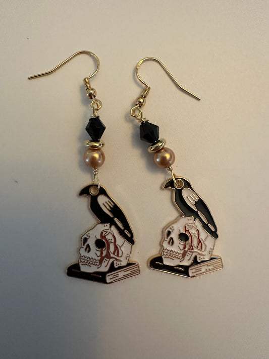Raven Skull Enamel Earrings - Haunting Gothic Dangle Jewelry
