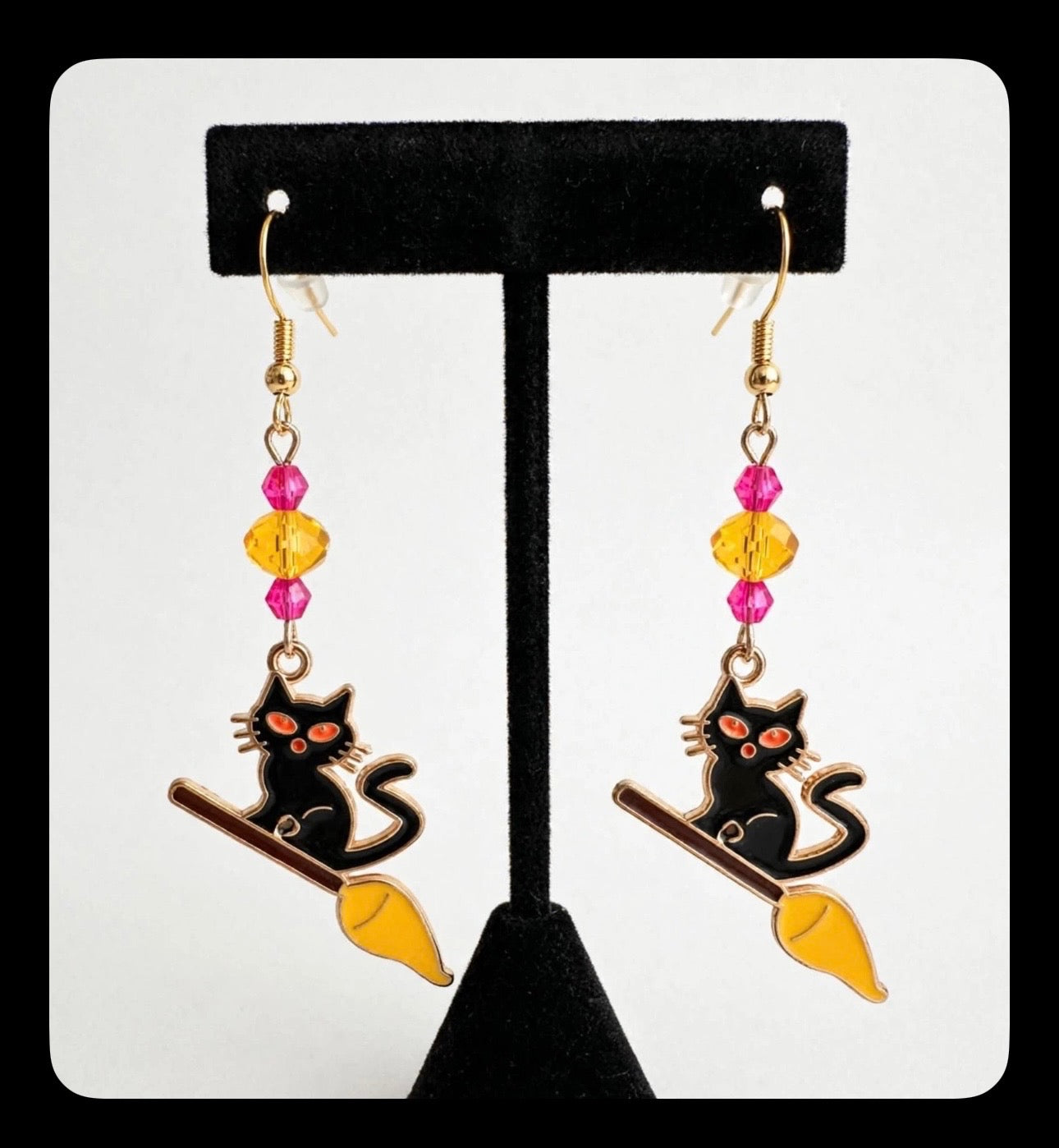 Black Cat on Broom Enamel Earrings - Halloween Dangle Jewelry