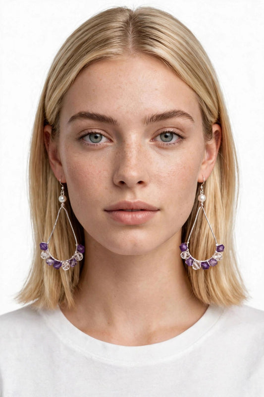 Crystal Beads Wire Frame Metal Earrings - Artisanal Teardrop Jewelry