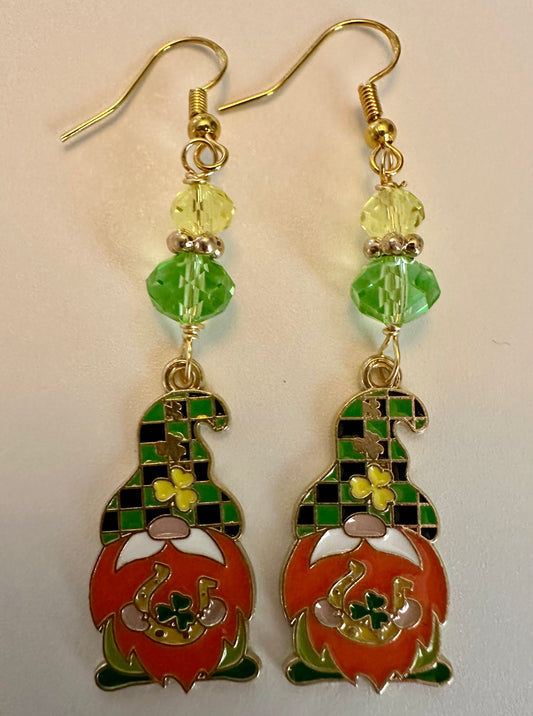 St. Patrick's Day Themed Shamrock Gnome Enamel Earrings - Magical Charming Dangle Jewelry