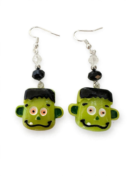 Handmade Frankenstein Head Clay & Resin Earrings - Cute Halloween Dangle Jewelry