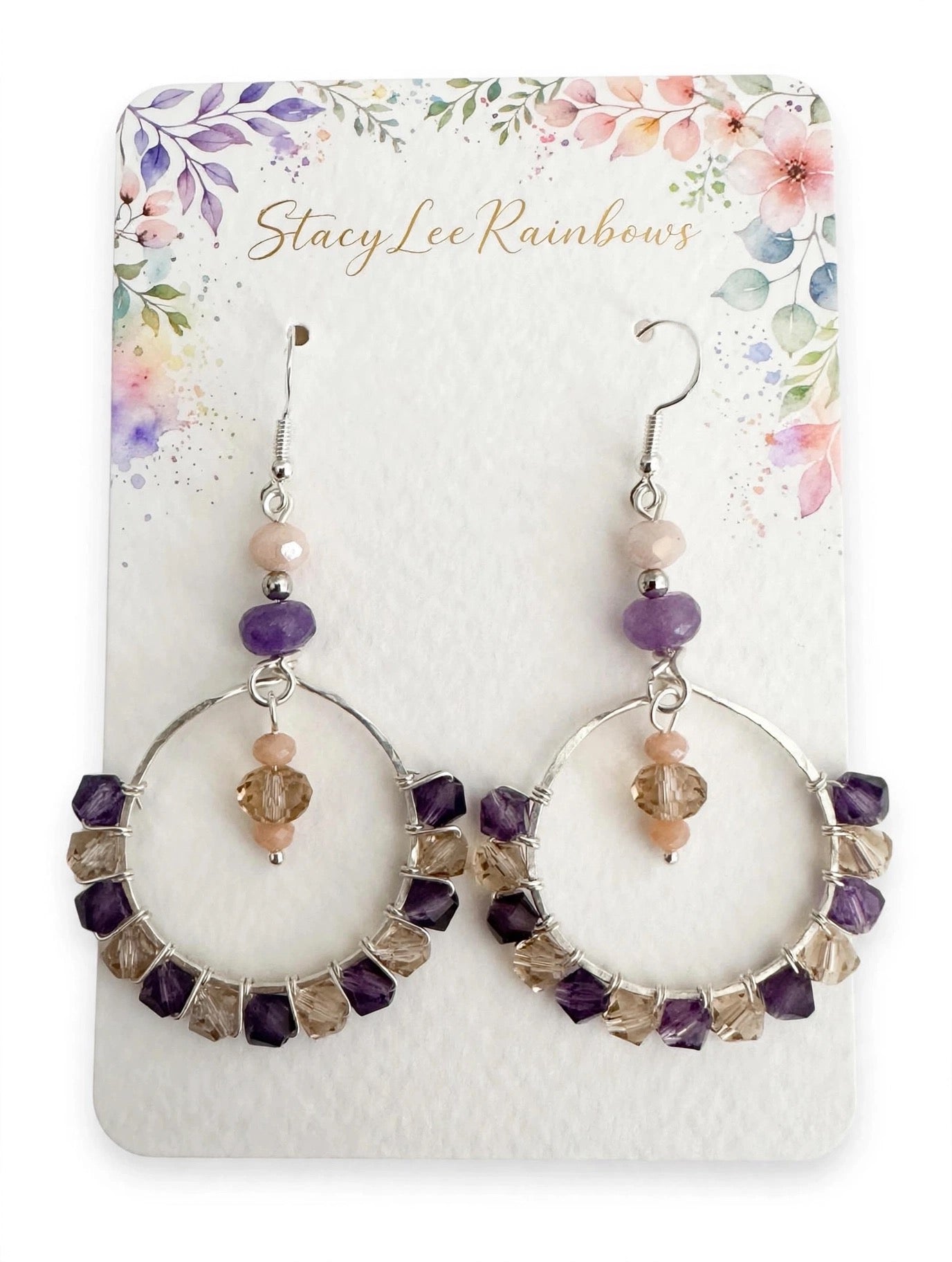 Wire Crystal Beads Purple Gemstone Hoop Earrings - Elegant Dangle Jewelry